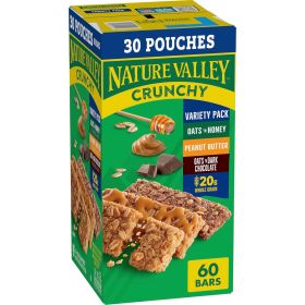 Crunchy Granola Bars Bulk Variety Pack, Oats 'n Honey, Peanut Butter & Oats 'n Dark Chocolate, 30 Two-Bar Wrapped Pouches (60 Bars Total), Whole Grain